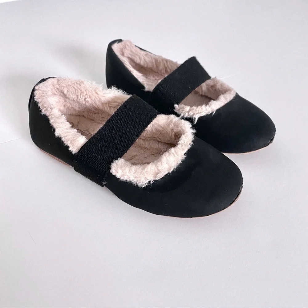 Zara Baby Girl Black Faux Fur Lined Ballet Slippers Cozy Soft Flats